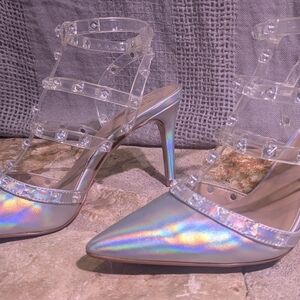 Mix No. 6 Holographic Heels with Clear Studded Straps